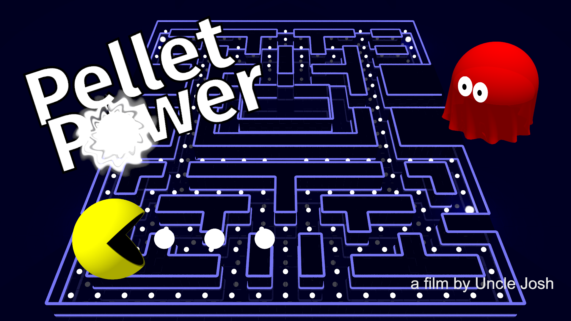 Poster for Pellet Power Redux, showing Pacman, Blinky, and the maze